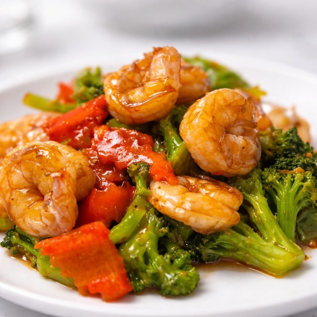 (L) Shrimp with Mixed Vegetables Stir Fry.