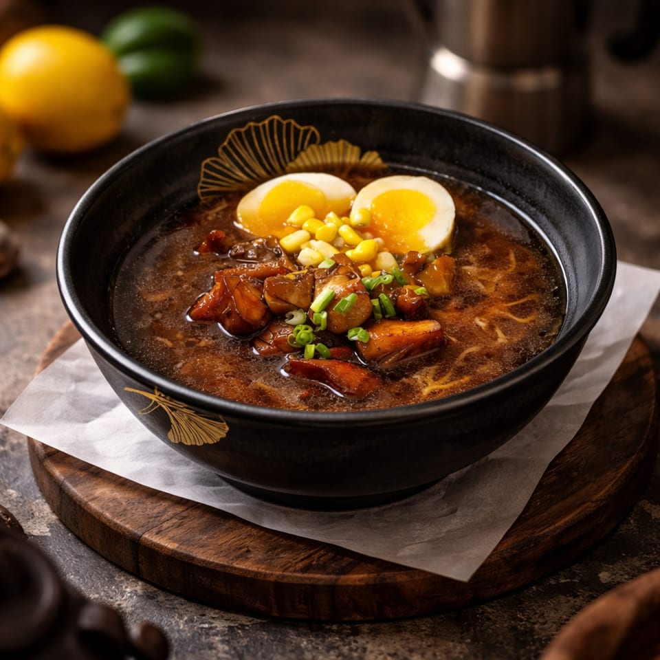 A black bowl of KOTO Asian Bistro ramen with pork, corn, scallions, and two soft-boiled eggs.