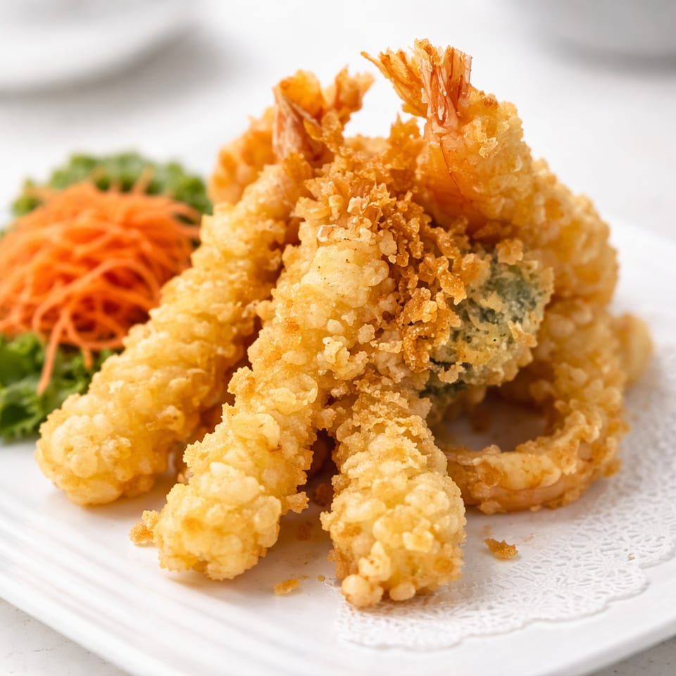 Crispy golden tempura shrimp and vegetables, garnished with shredded carrots and lettuce on a white plate.