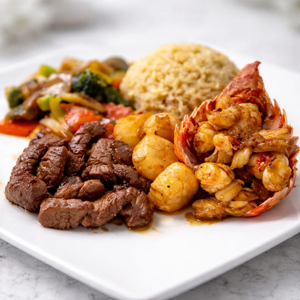 KOTO Asian Bistro's surf and turf with steak, scallops, lobster, vegetables, and rice.