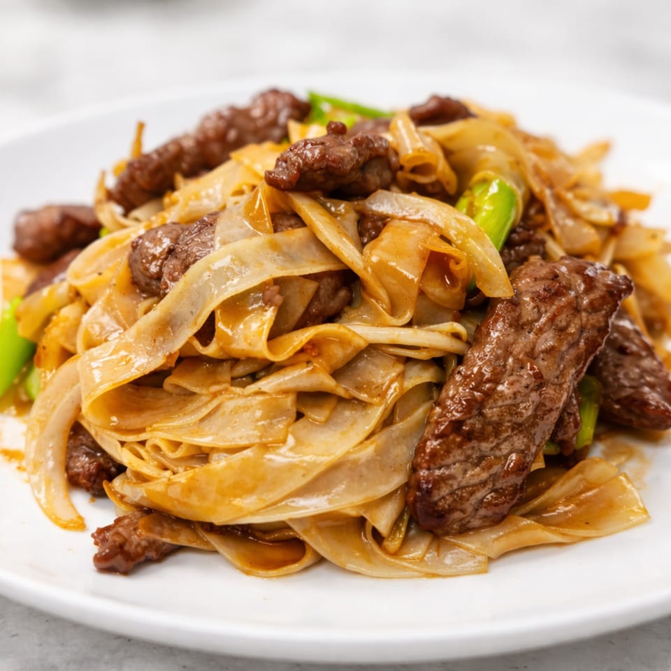 KOTO Asian Bistro's beef chow fun with wide noodles, beef strips, and green onions.