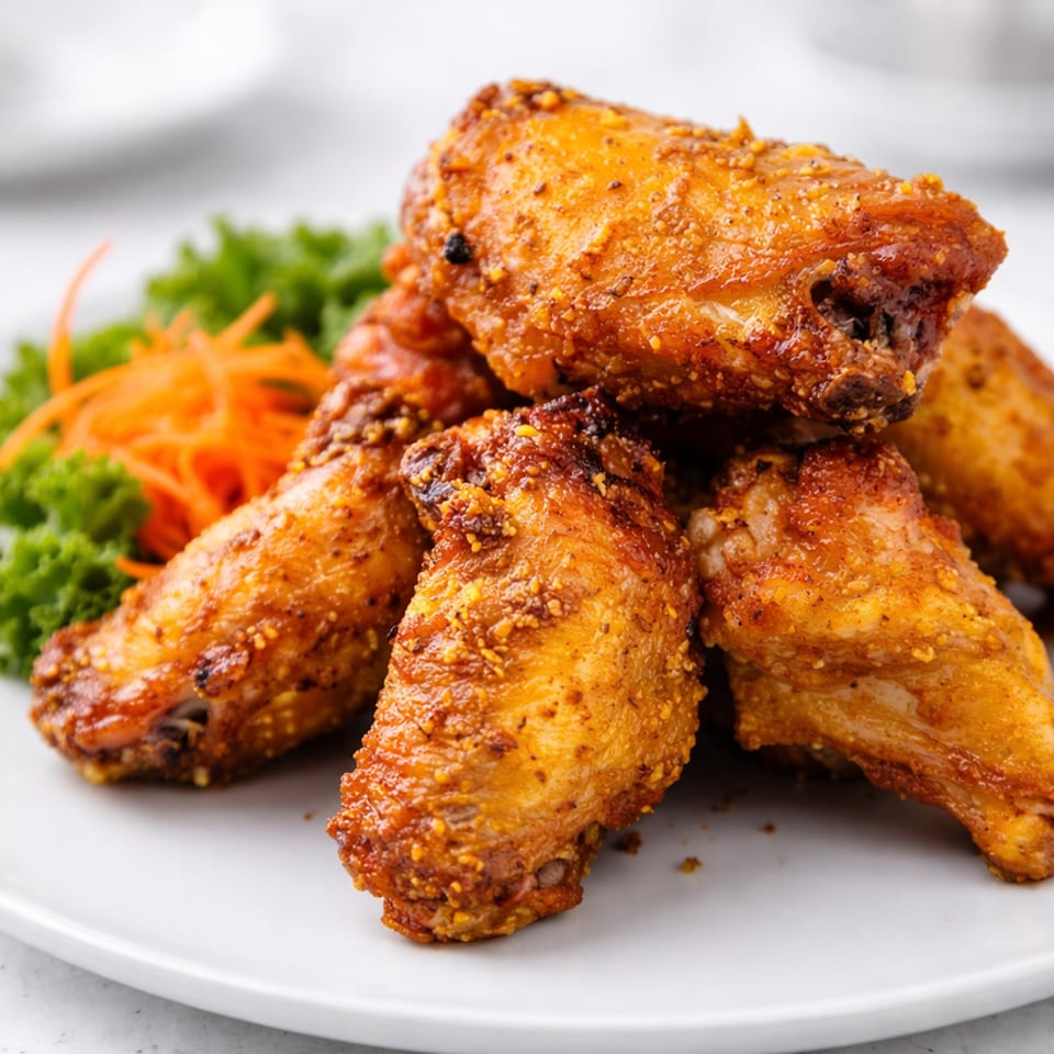 Crispy Asian-style chicken wings with sesame seeds, garnished with lettuce and shredded carrots.