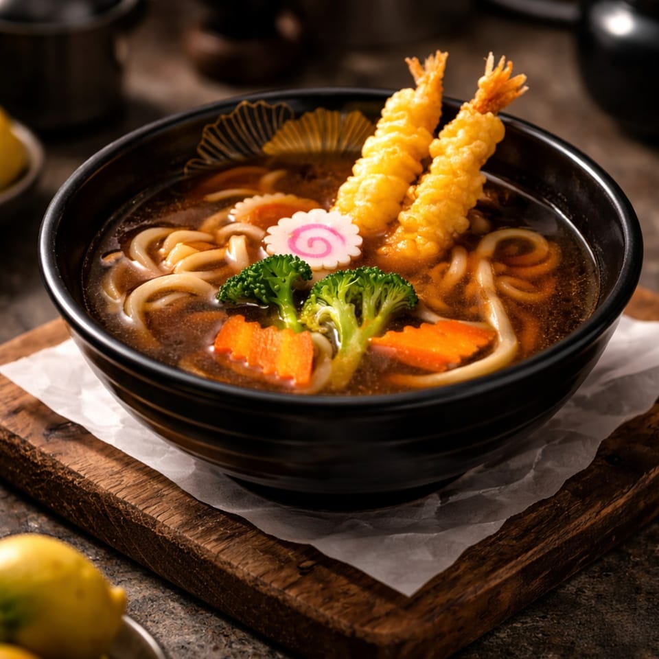 KOTO Asian Bistro's udon noodle soup with tempura shrimp, broccoli, carrots, and fish cake.
