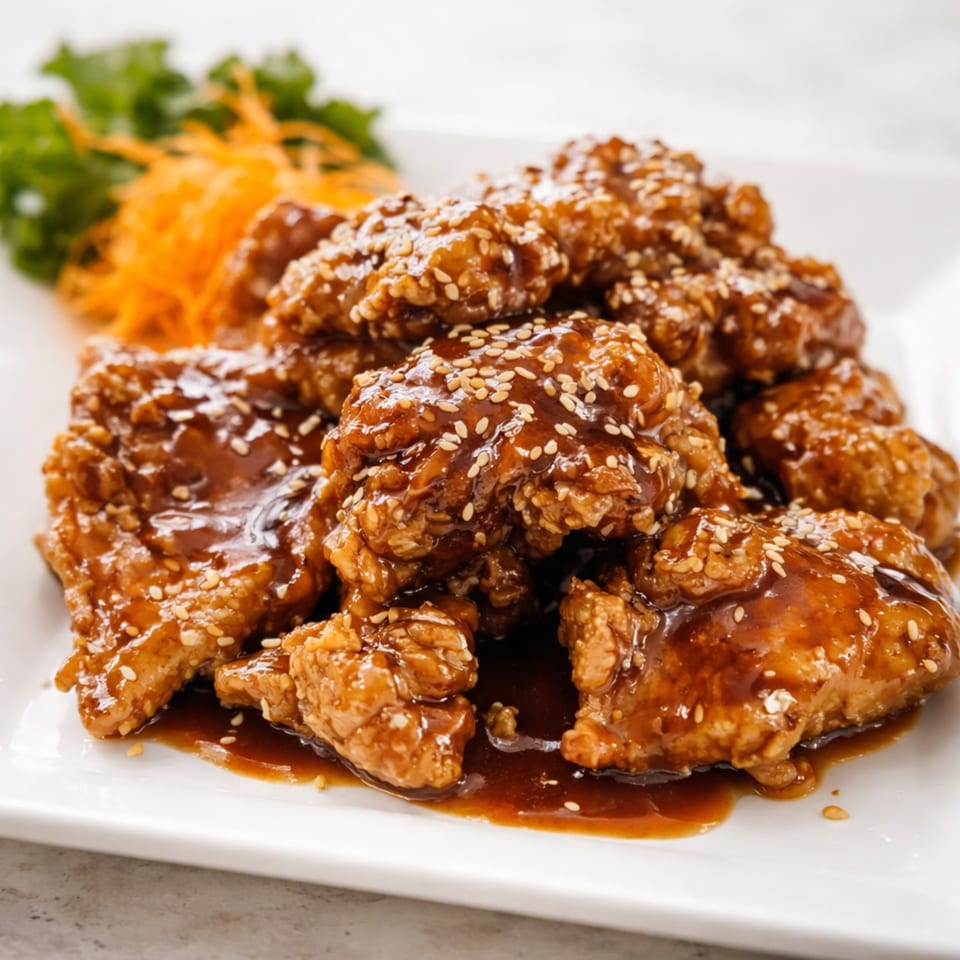 Crispy Asian chicken pieces coated in a glossy brown sauce and sesame seeds, with shredded carrots and lettuce.