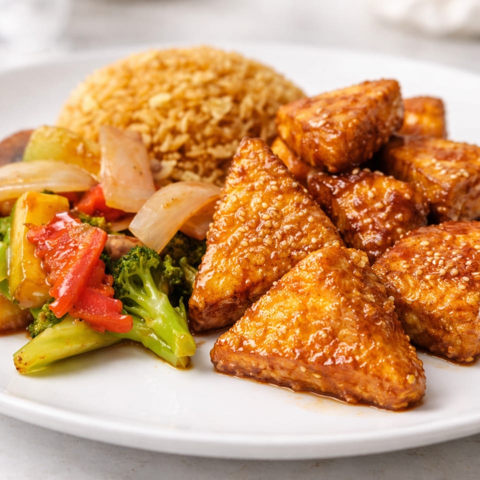 KOTO Asian Bistro's sesame tofu with fried rice and mixed vegetables on a white plate.