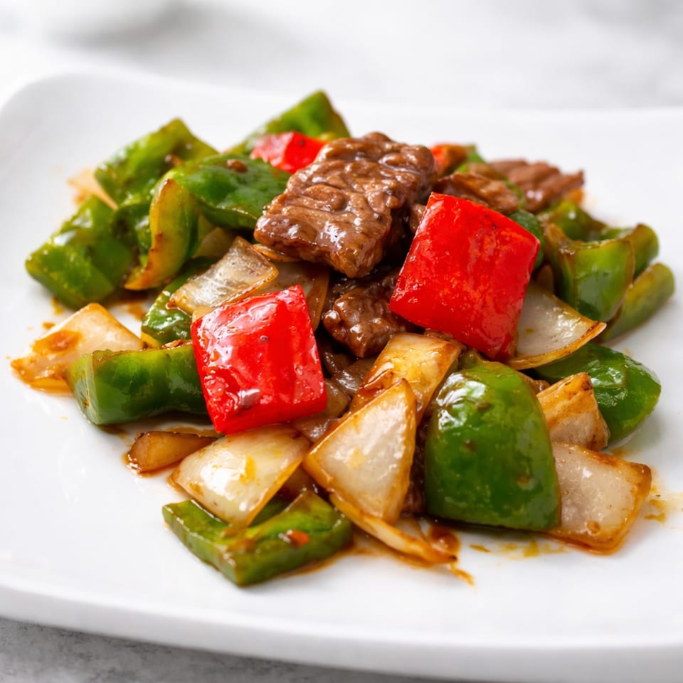 KOTO Asian Bistro's beef stir-fry with green and red bell peppers and onions.