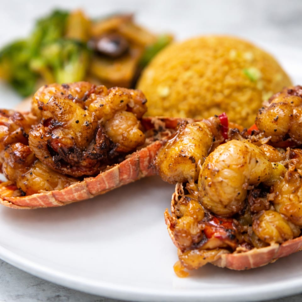 KOTO Asian Bistro's lobster dish with fried rice and broccoli on a white plate.