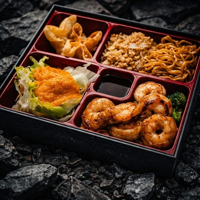 (L) Hibachi Shrimp Bento.